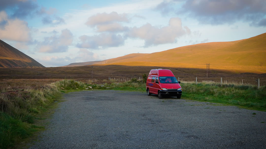 The campervan parked in Rackwick on Hoy in the Orkney Islands