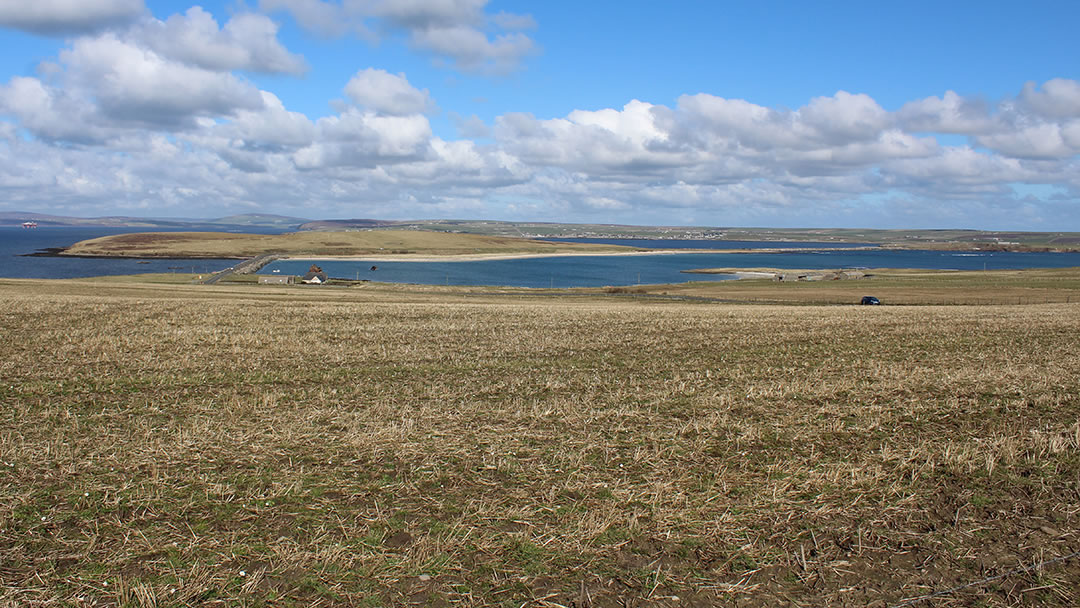 Looking down from the viewpoint on Burray to Warebanks, Glimps Holm and Lamb Holm