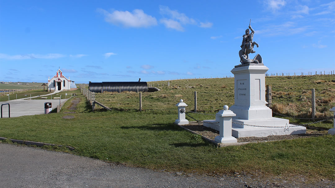 The statue of St George and the Italian Chapel on Lamb Holm