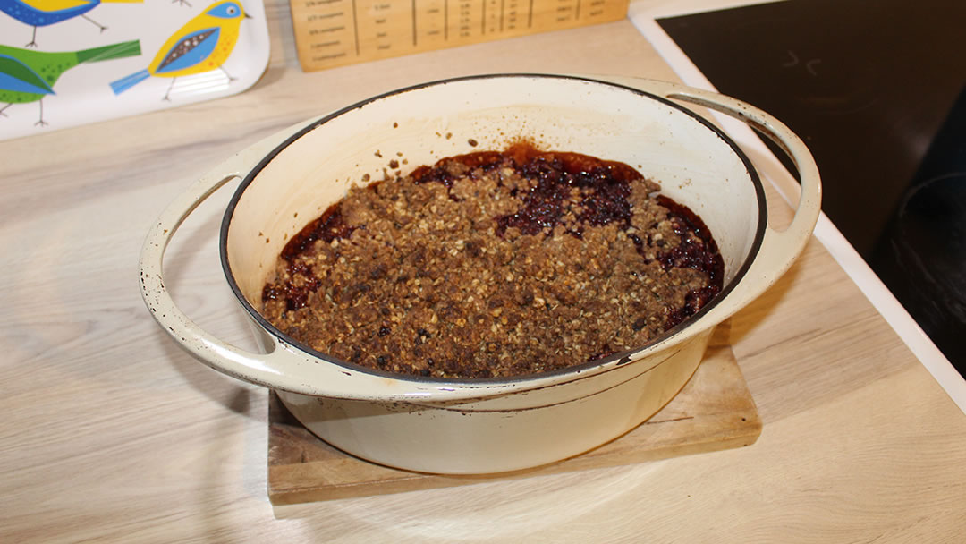 Autumn Fruit and Spiced Oat Crumble piping hot out of the oven