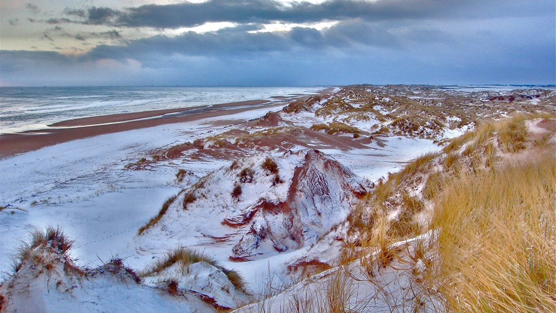 Sand dunes at Newburgh Beach under a dusting of snow