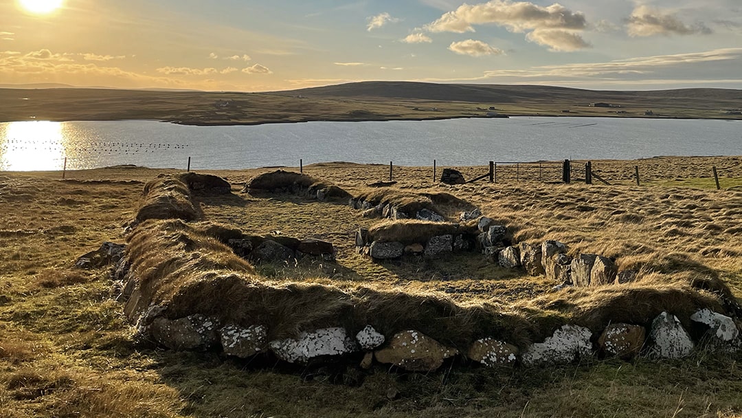 The ruins of a Viking longhouse at Hamar, Unst