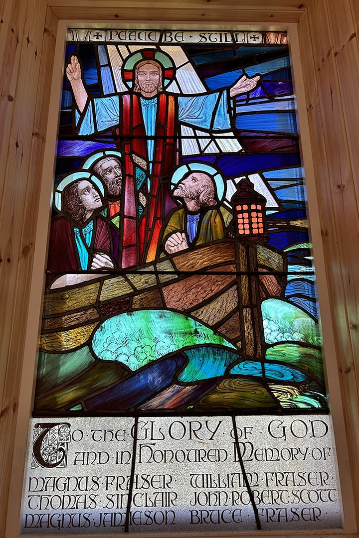 The stained glass window in the Papa Stour Kirk