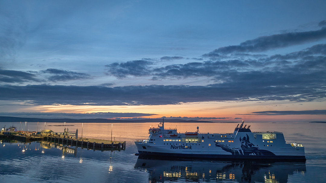 MV Hrossey arriving into Kirkwall at sunset