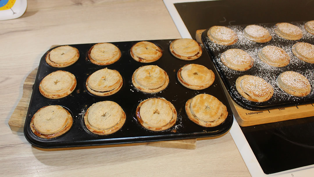 Beremeal Mince Pies fresh out of the oven - sprinkle icing sugar on top!